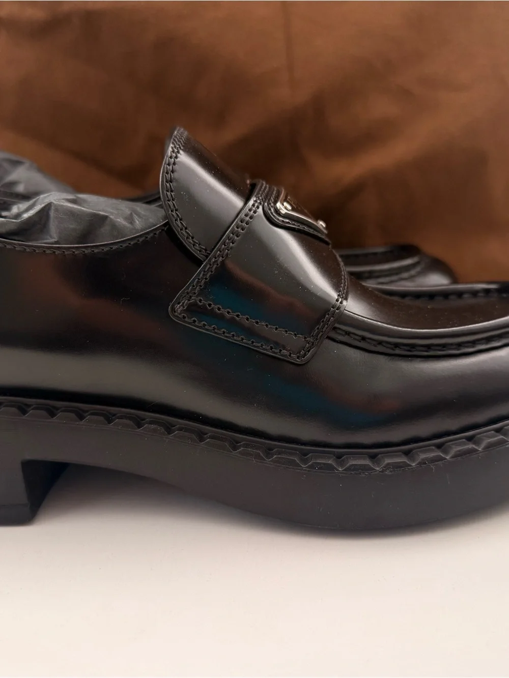 Prada Black Patent Leather Logo Penny Loafers